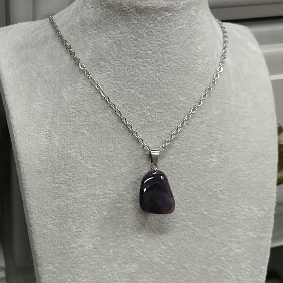 Amethyst Necklace Natural Gemstone Crystal Pendant Stainless-Steel Chain Purple - Picture 1 of 17